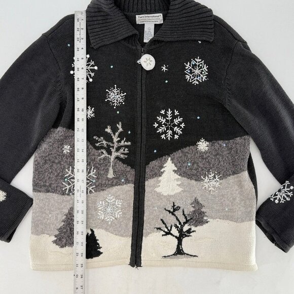 TIARA Winter Wonderland Ramie Blend Sweater Black Cardigan‎ Christmas Snowy Sz L - Picture 11 of 12